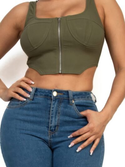 Zip-Up Square Neck Crop Top – Fitted Corset Style Zip-Up Square Neck Crop Top – Fitted Corset Style