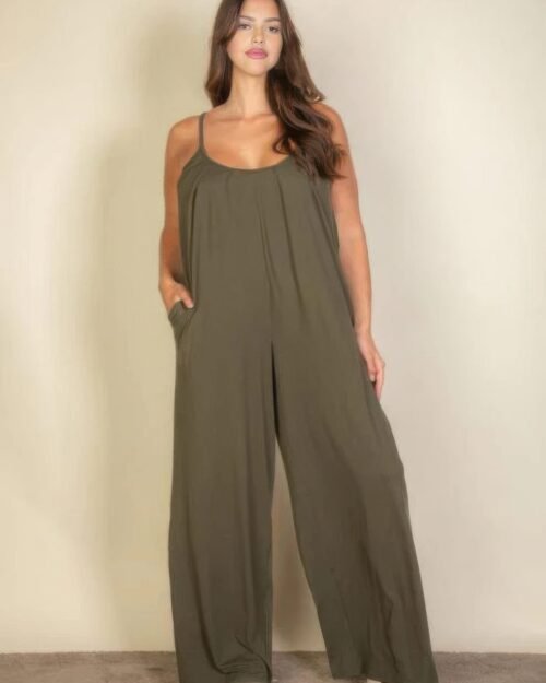 Plus spaghetti strap solid wide jumpsuit