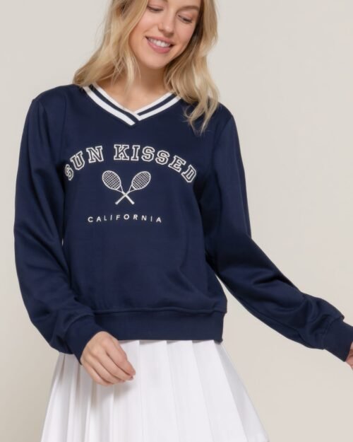 long slv v-neck embroidered sweatshirt