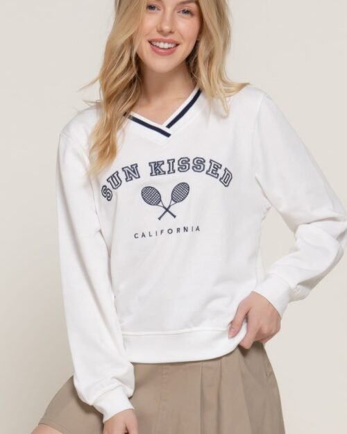 Long slv v-neck embroidered sweatshirt