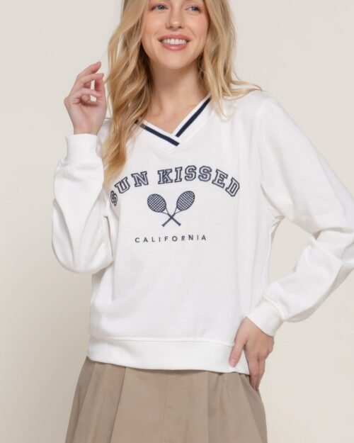 long slv v-neck embroidered sweatshirt