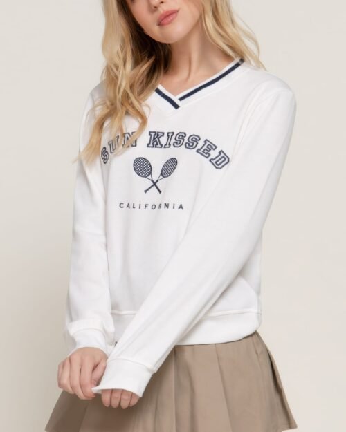 long slv v-neck embroidered sweatshirt