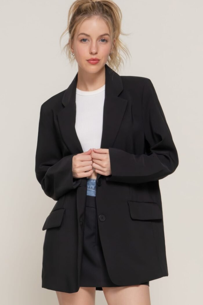 Women's taupe blazer with front button closure