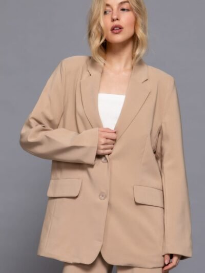 Long Sleeve Notched Collar Blazer in Taupe for Women