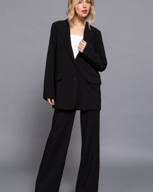 women's taupe blazer with front button closure