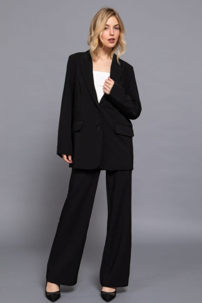 Women's taupe blazer with front button closure