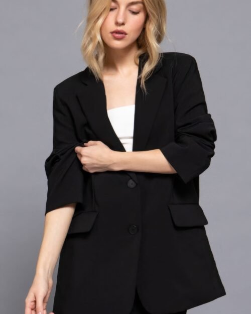 women's taupe blazer with front button closure