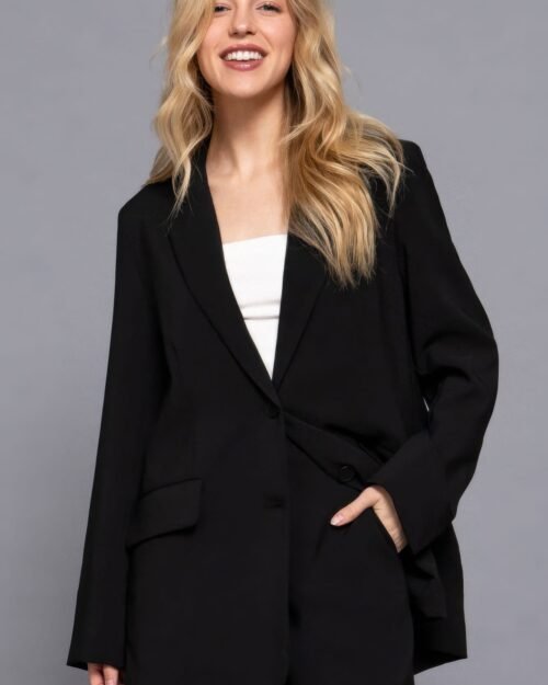 women's taupe blazer with front button closure