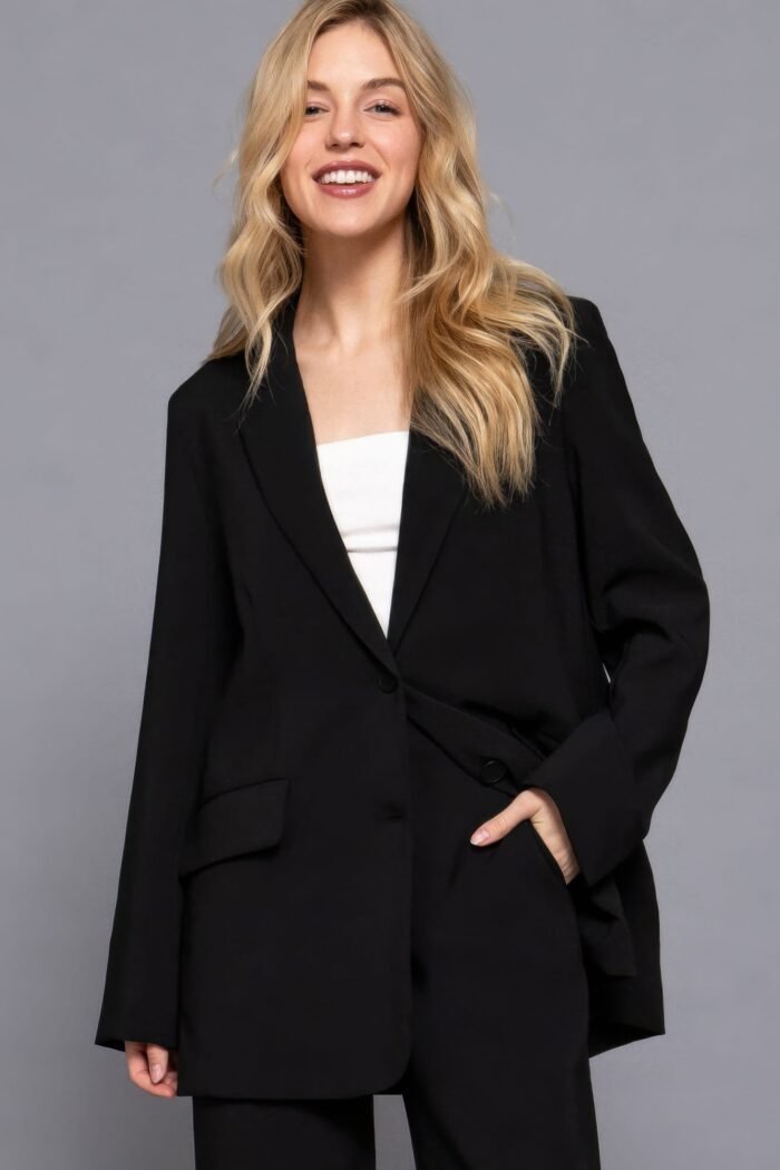 Women's taupe blazer with front button closure