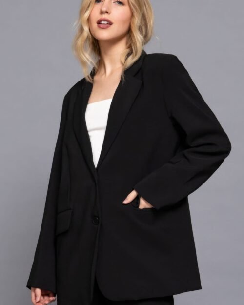 women's taupe blazer with front button closure