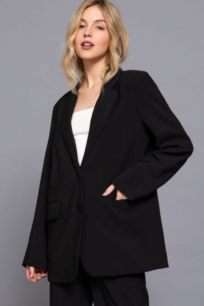 Women's taupe blazer with front button closure