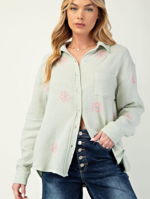 Embo detailed cotton gauze button down shirt