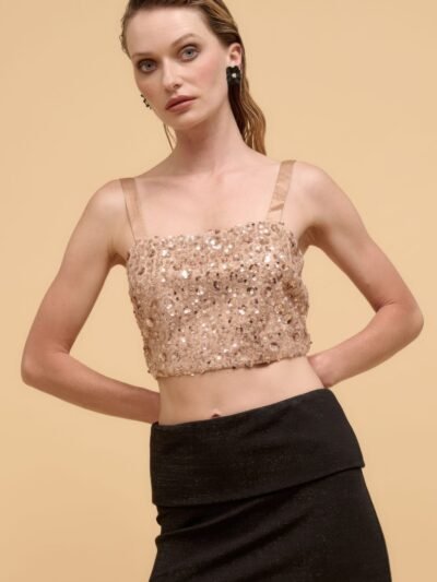 Floral sequins straight neck crop top Floral sequins straight neck crop top