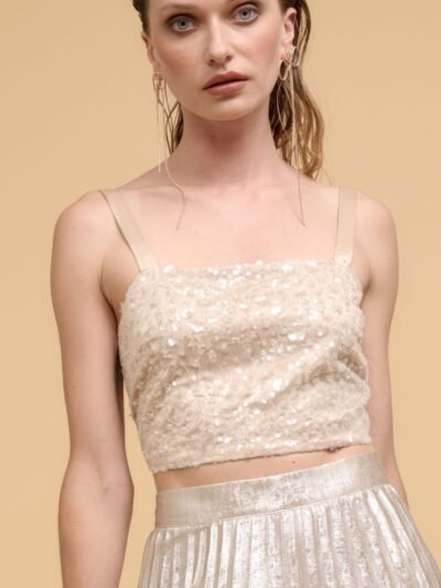 Floral sequins straight neck crop top