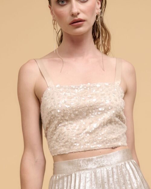 Floral sequins straight neck crop top