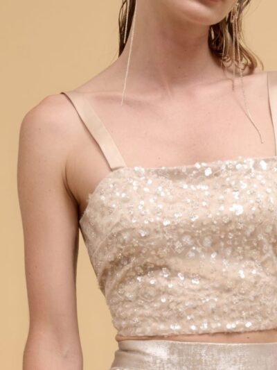 Floral sequins straight neck crop top Floral sequins straight neck crop top
