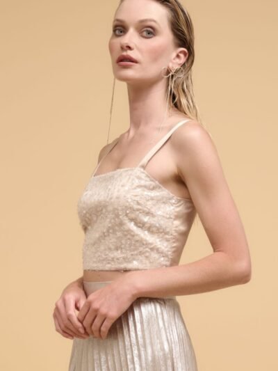 Floral sequins straight neck crop top Floral sequins straight neck crop top