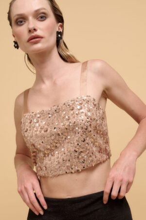 Floral sequins straight neck crop top Floral sequins straight neck crop top
