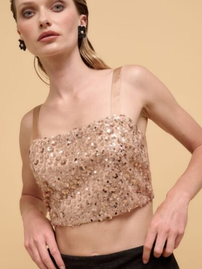 Floral sequins straight neck crop top Floral sequins straight neck crop top