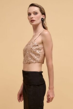 Floral sequins straight neck crop top Floral sequins straight neck crop top
