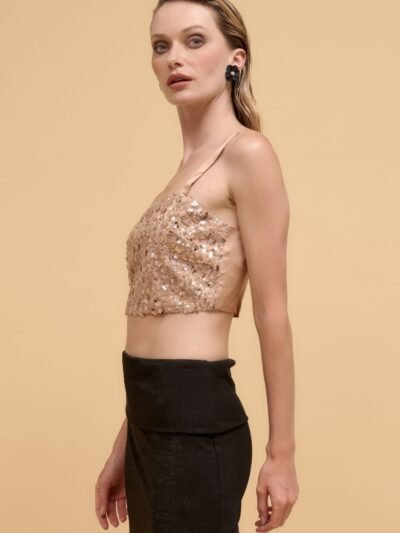 Floral sequins straight neck crop top Floral sequins straight neck crop top