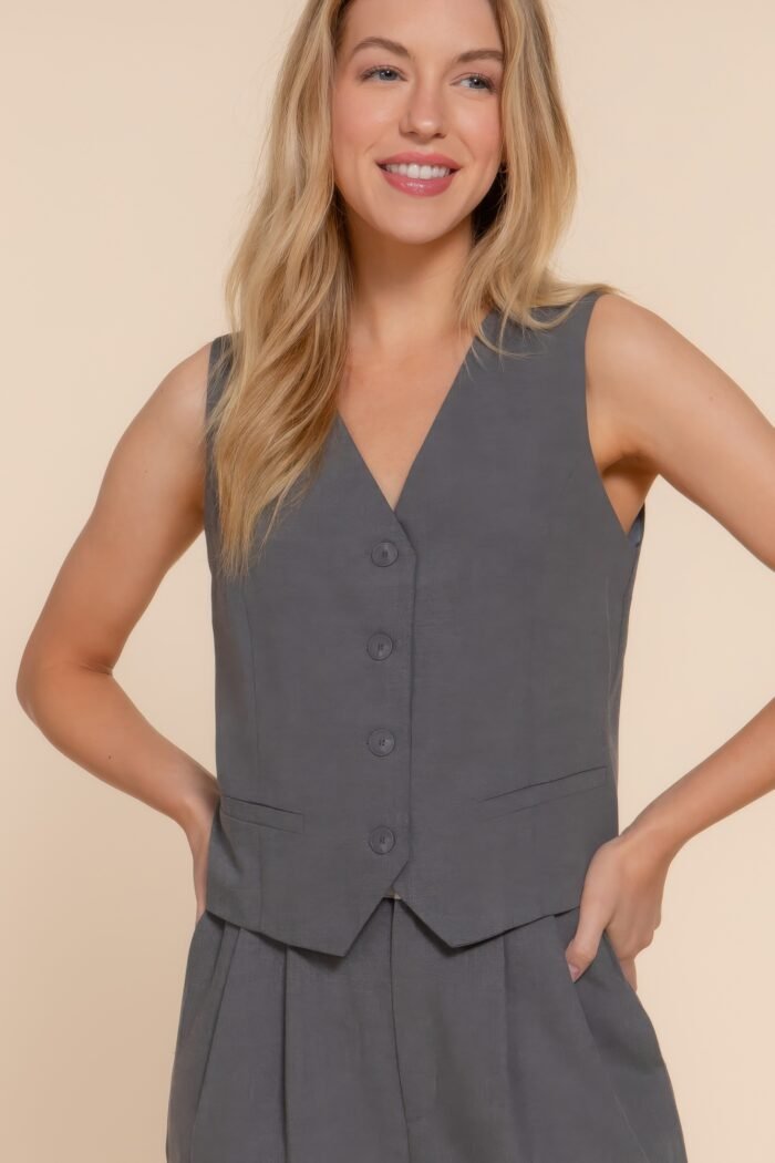 V-neckline w/front button closure vest