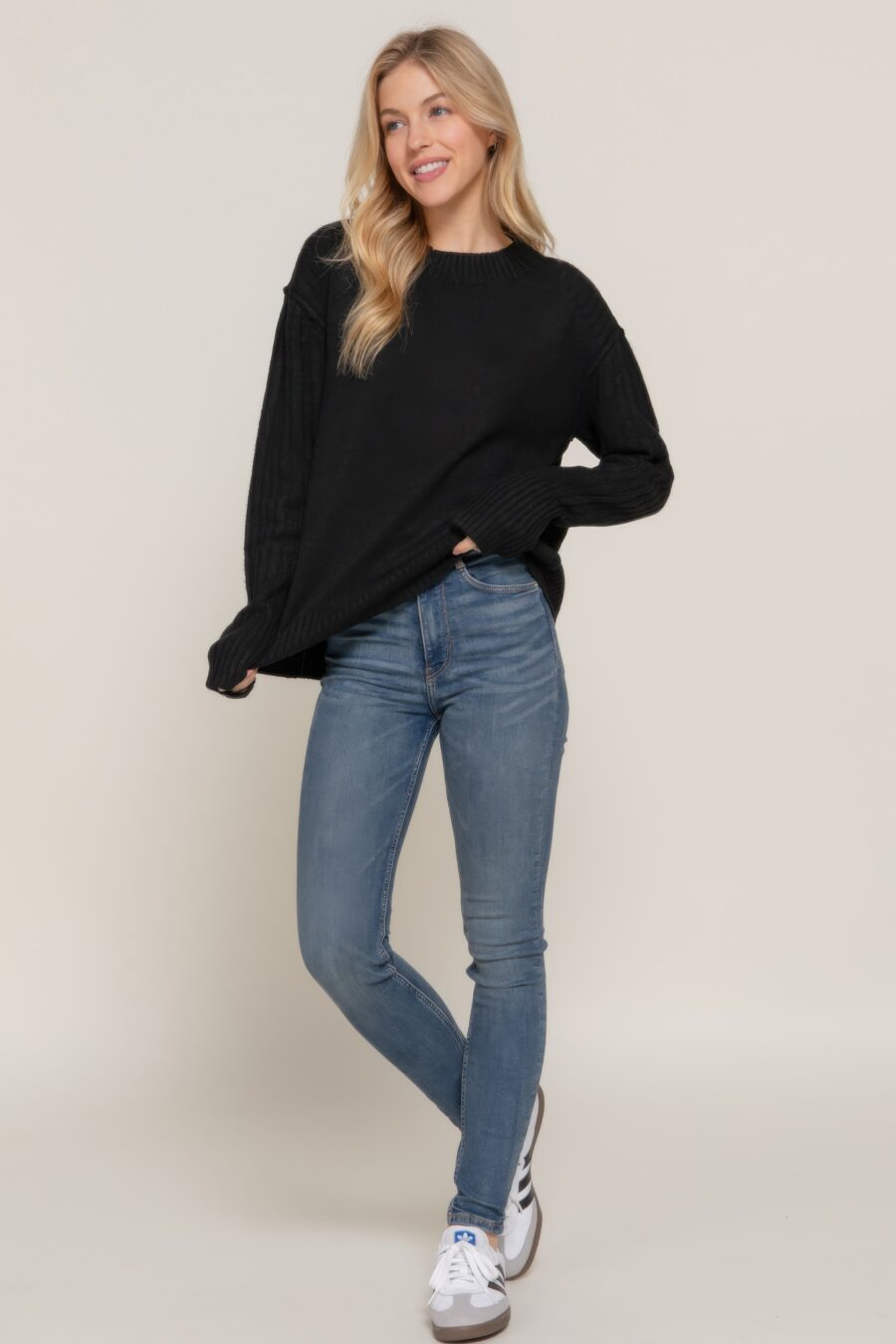 Long slv mock neck raised seam sweater