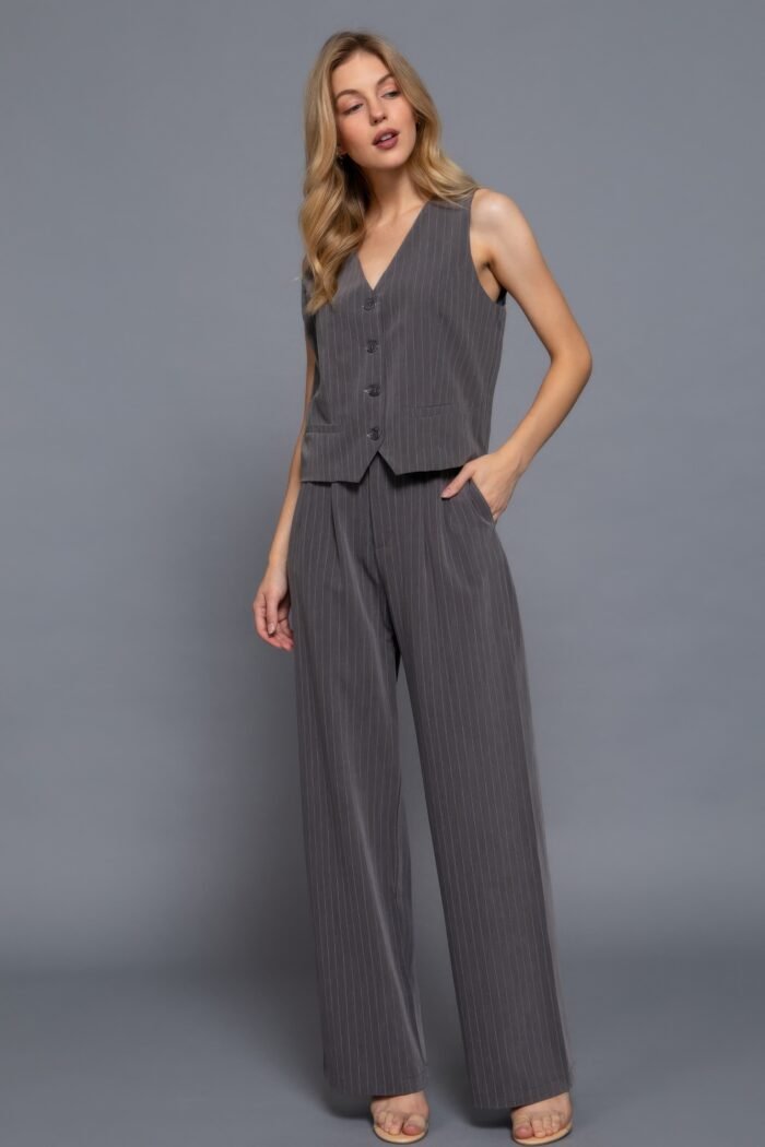 V-neckline pin stripe woven vest