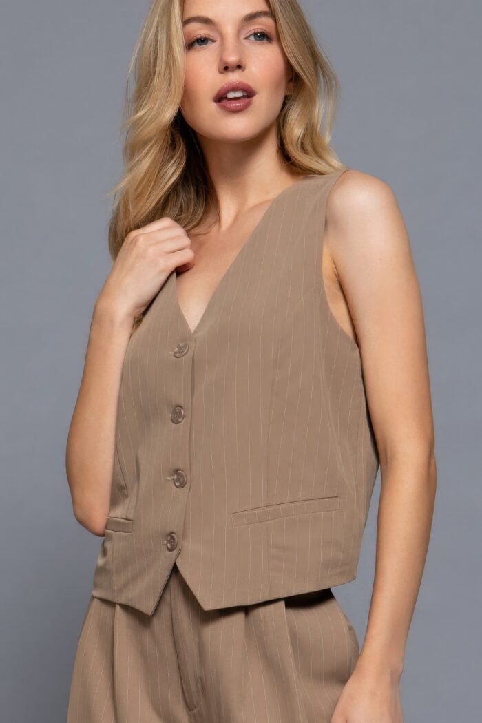 V-neckline pin stripe woven vest