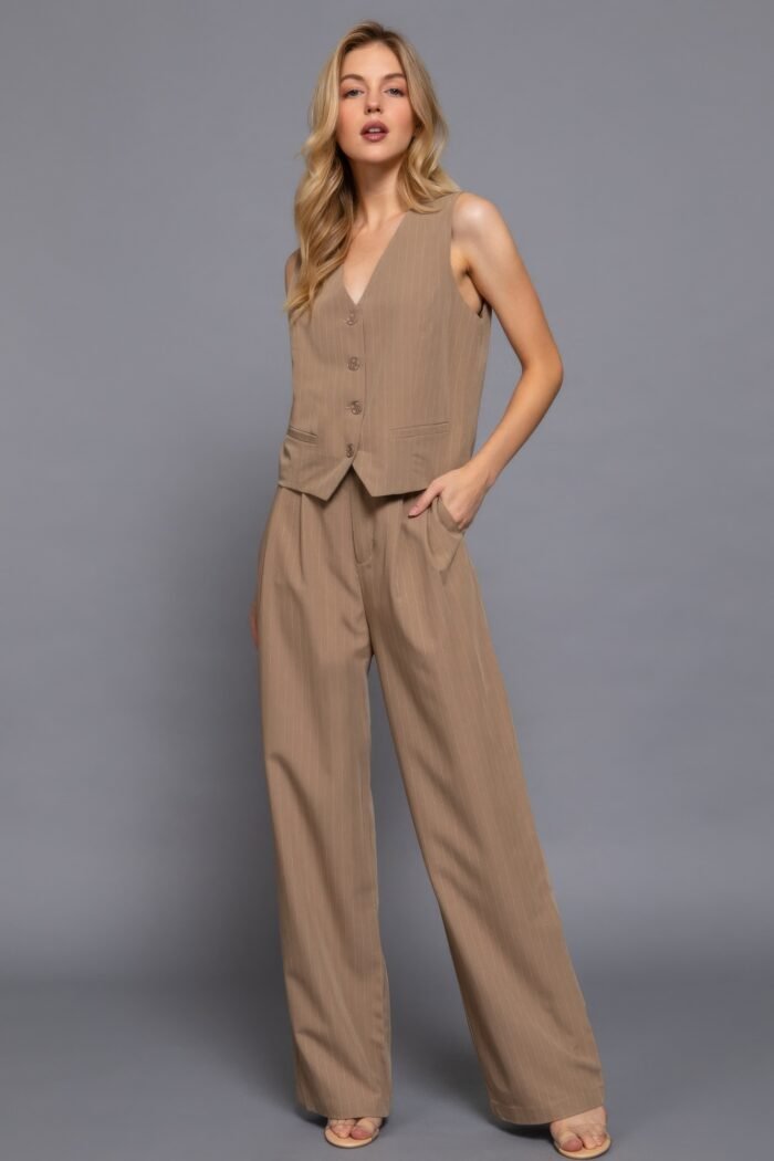 V-neckline pin stripe woven vest
