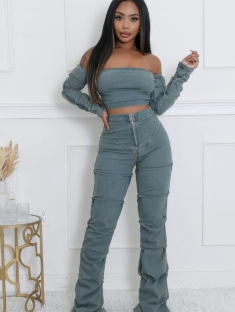 Denim Off The Shoulder Stretch Pant Set