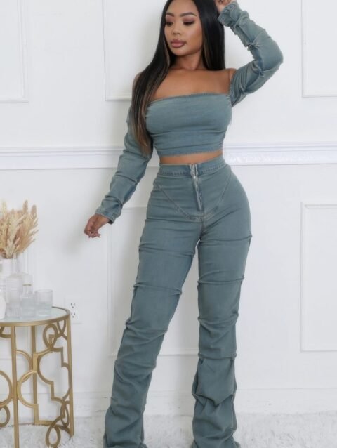 Denim Off The Shoulder Stretch Pant Set