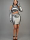 Hooded Mini Dress With Gloves — Silver Cut-out Style