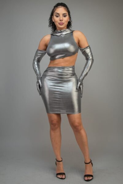 hooded mini dress with gloves — silver cut-out style