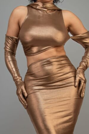 hooded mini dress with gloves — Bronze cut-out style