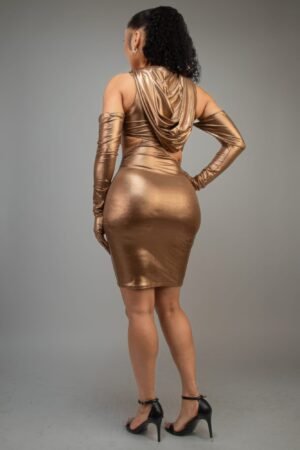 hooded mini dress with gloves — Bronze cut-out style