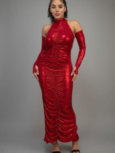 Metallic Ruched Dress With Sleeves