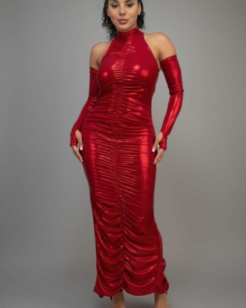 Metallic Ruched Dress With Sleeves