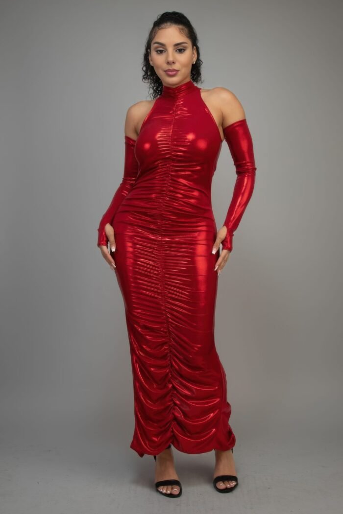 Metallic ruched dress with sleeves