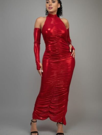 Metallic Ruched Dress With Sleeves Metallic Ruched Dress With Sleeves