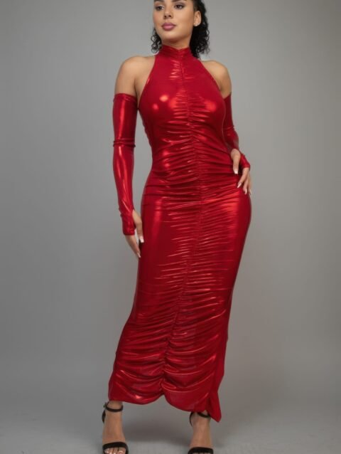 Metallic Ruched Dress With Sleeves