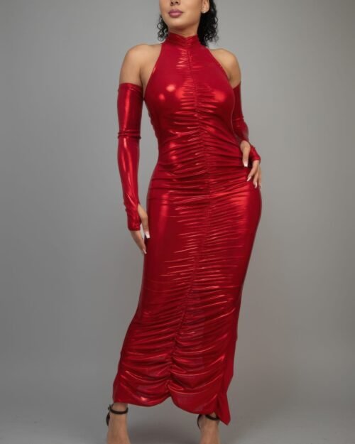 metallic ruched dress with sleeves