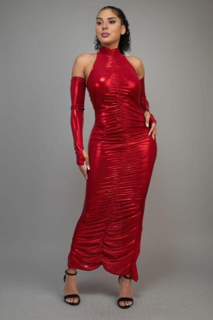 Metallic ruched dress with sleeves