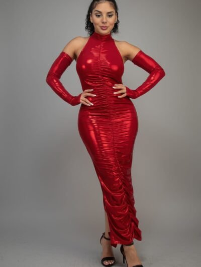 Metallic Ruched Dress With Sleeves Metallic Ruched Dress With Sleeves
