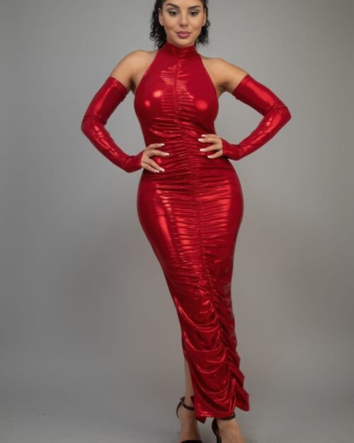 metallic ruched dress with sleeves