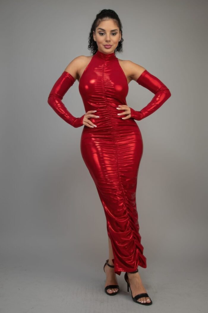 Metallic ruched dress with sleeves
