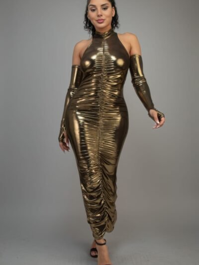 Metallic Ruched Dress With Sleeves Metallic Ruched Dress With Sleeves