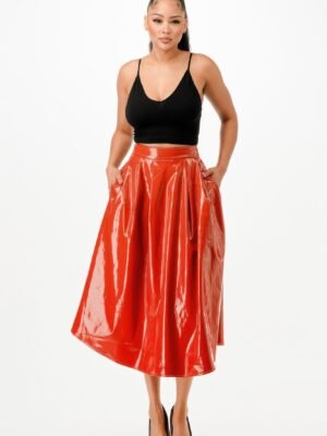 Metallic A-Line Midi Skirt With Pockets — Silver Stretch Fit glam midi skirt with invisible zipper and pockets