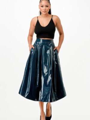Metallic A-Line Midi Skirt With Pockets — Silver Stretch Fit stretch PU a-line skirt with waistband
