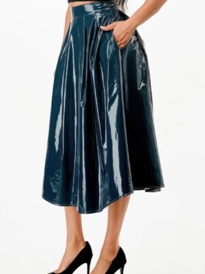 Metallic A-Line Midi Skirt With Pockets — Silver Stretch Fit Metallic A-Line Midi Skirt With Pockets — Silver Stretch Fit